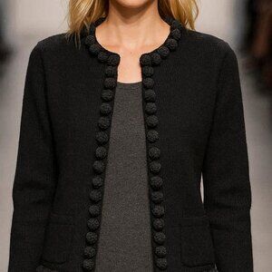 Talbots Black Cardigan Jacket Trimmed in Gray Pom Poms  - Small Petite